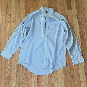Lands' End Shirt Mens 15.5 Blue White Pinstripes Button Up Preppy Church Casual